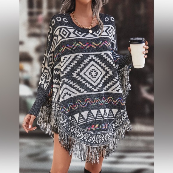Cozy Aztec Tribal Print Tassel Fringe Hem Poncho Sweater - Picture 9 of 9